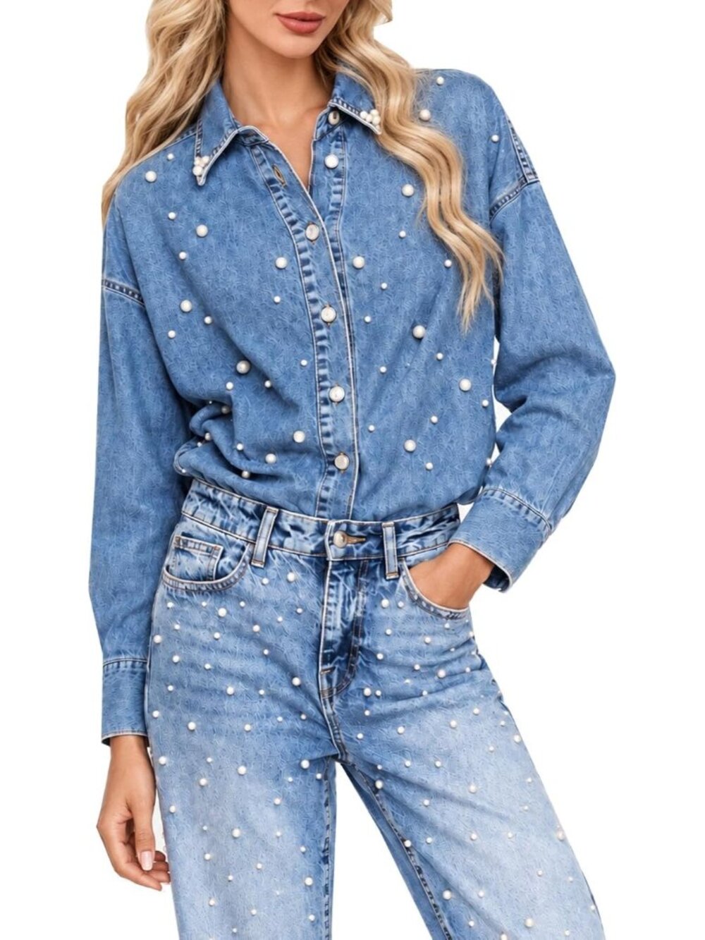 Women's Blue Pearl Embellished Denim Shirt Button Down Long Sleeve Jean Jacket
